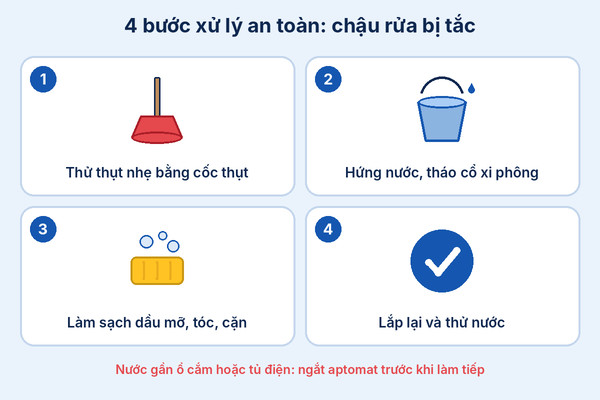 Infographic 4 bước xử lý khi chậu rửa bị tắc