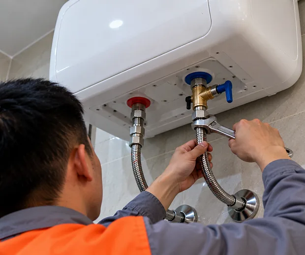 Thợ siết đầu nối ống nước nóng lạnh và van an toàn bình nóng lạnh