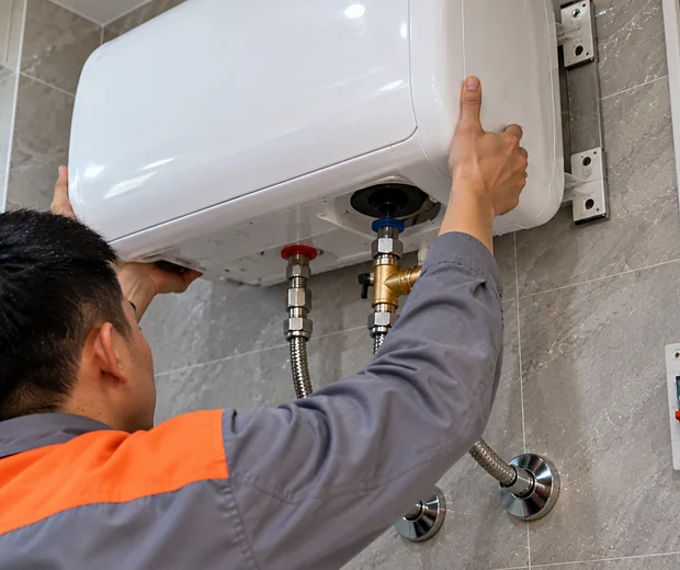 Thợ lắp đặt bình nóng lạnh mới lên giá treo tường đúng kỹ thuật