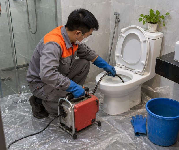 Thợ ĐNBK thông tắc bồn cầu bằng máy lò xo