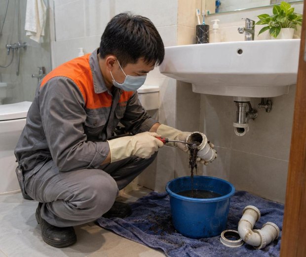 Thợ ĐNBK thông tắc lavabo, làm sạch ống xả